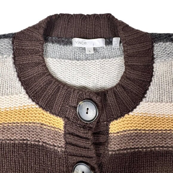 VINCE 100% Cashmere Cardigan Sz.L Brown Striped Buttons Cropped Quite Luxury - Picture 3 of 9